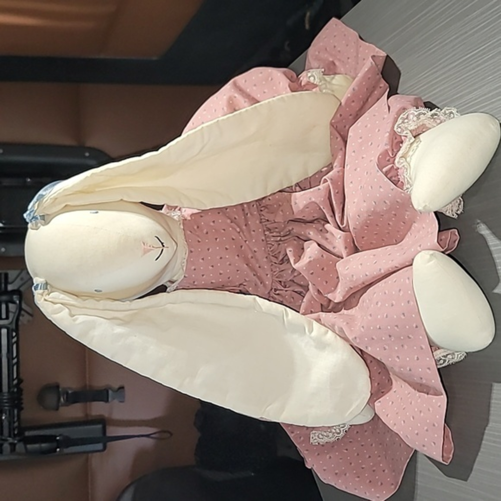 Vintage Bunny Rag Doll Pink & Blue Dress With Lace Trim Great Condition